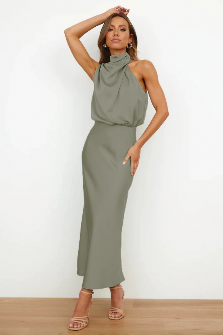 Diane satin maxi dress in elegant polyester with smooth sheen, flattering drape, perfect for weddings