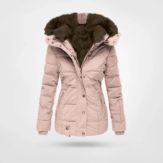 Women's black hooded padded jacket with fitted silhouette and faux fur-lined hood