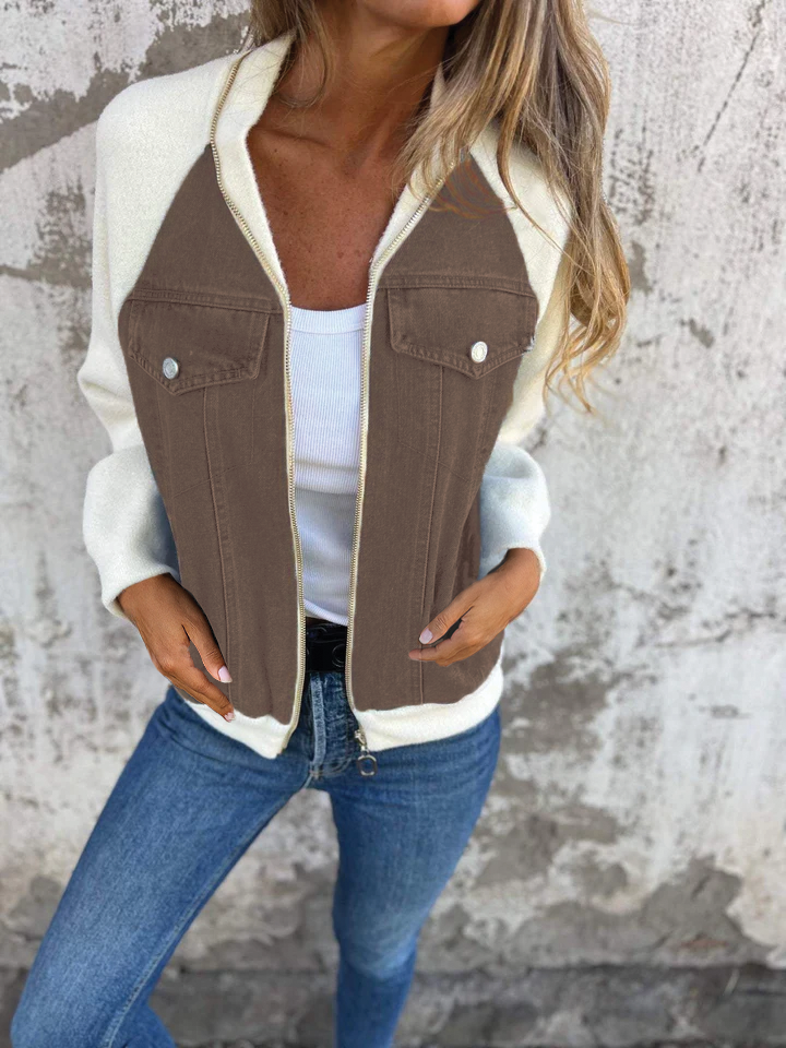 Blue zip-up denim jacket with soft-touch lining, casual structured fit, and front zip closure