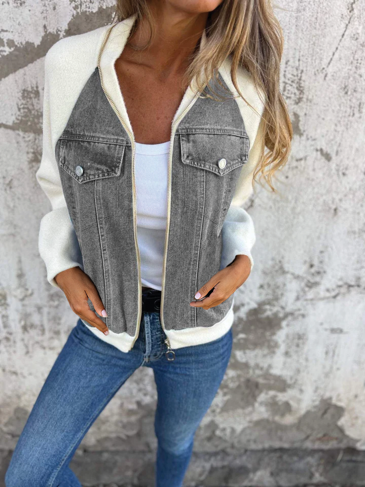 Blue zip-up denim jacket with soft-touch lining and casual structured fit for fall layering