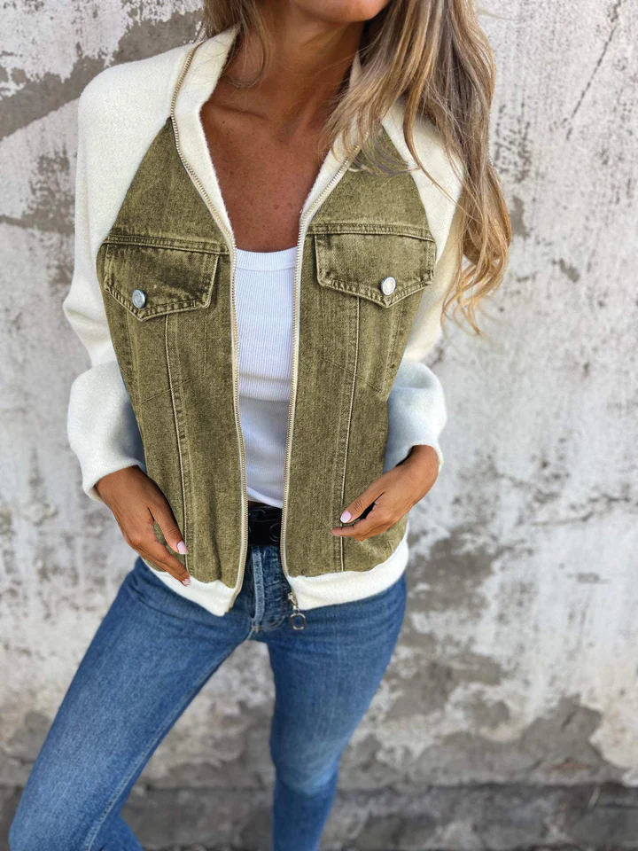 Blue zip-up denim jacket with soft-touch lining and casual structured fit for layering