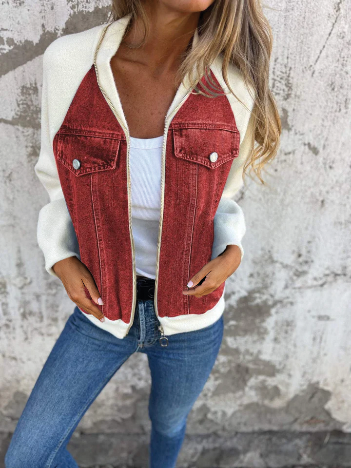 Blue zip-up denim jacket with soft-touch lining and structured casual silhouette for women