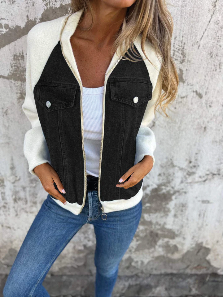 Blue zip-up denim jacket with soft-touch lining and casual structured fit for women