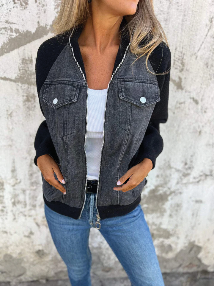Blue zip-up denim jacket with soft-touch lining, casual structured fit, and zip front closure