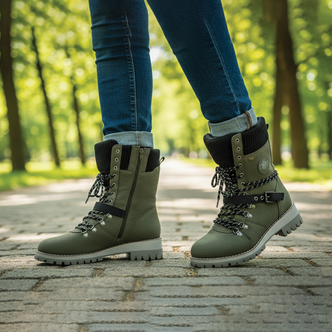 Brown lace-up winter boots with ribbed knit collar and side zipper for cold weather