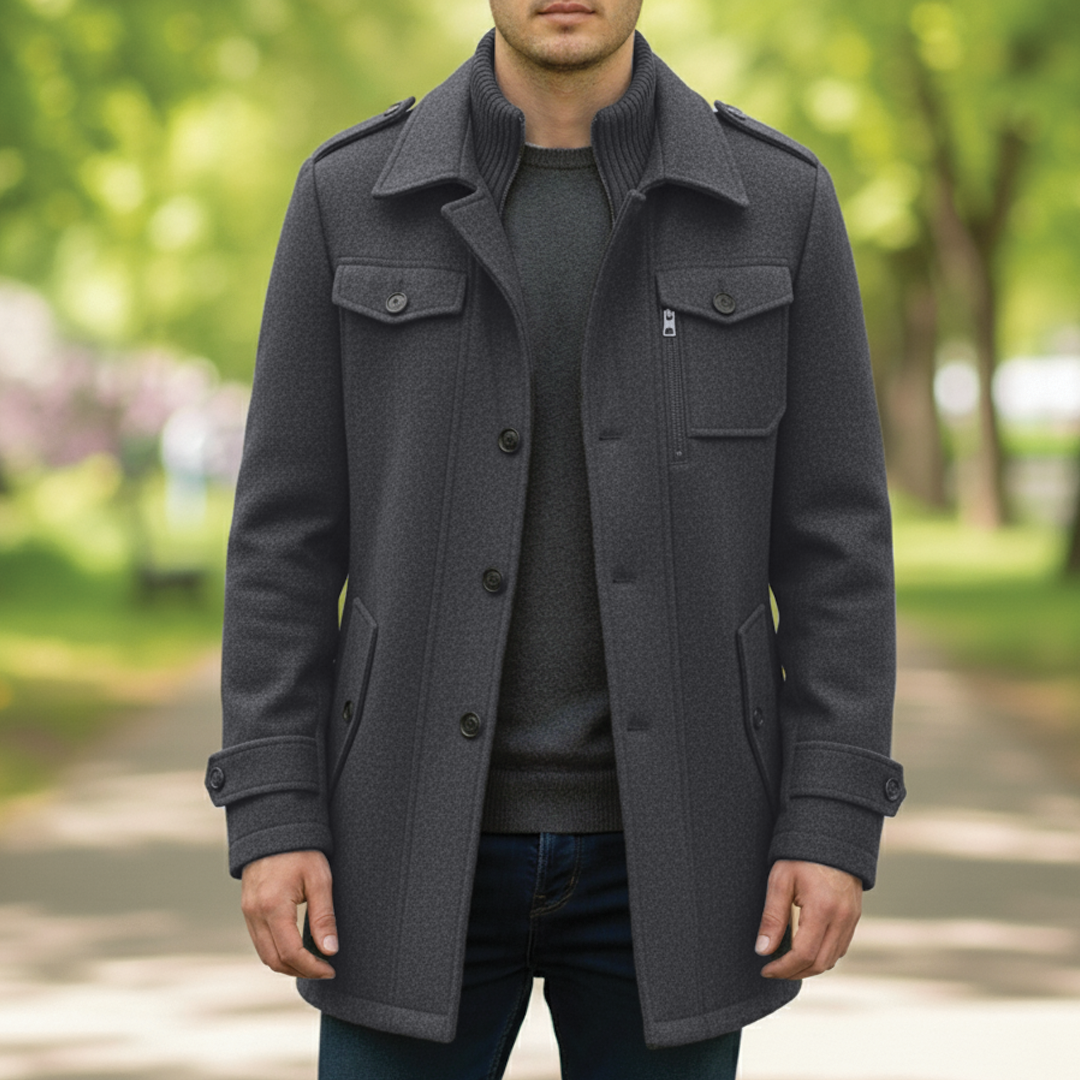 Men's charcoal wool blend mid-thigh coat notched lapel zip button closure tailored fit
