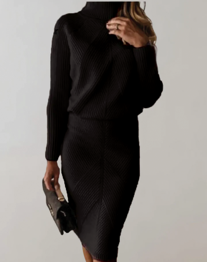 Wavlynn Léa ribbed knit two-piece set high neck sweater pencil skirt monochrome women