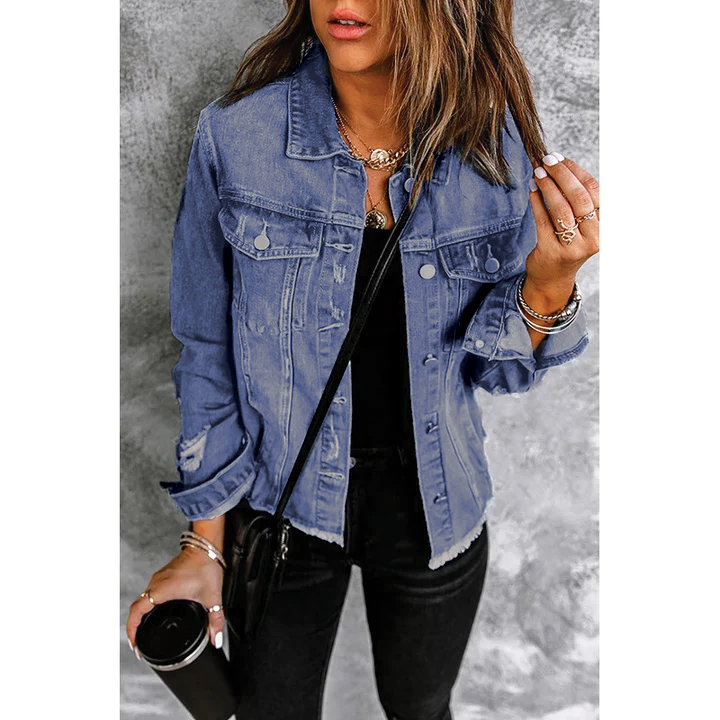 Blue distressed denim jacket with frayed hem, button-up front, classic relaxed fit
