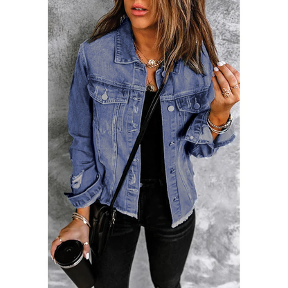 Blue distressed denim jacket with frayed hem, button-up front, classic relaxed fit