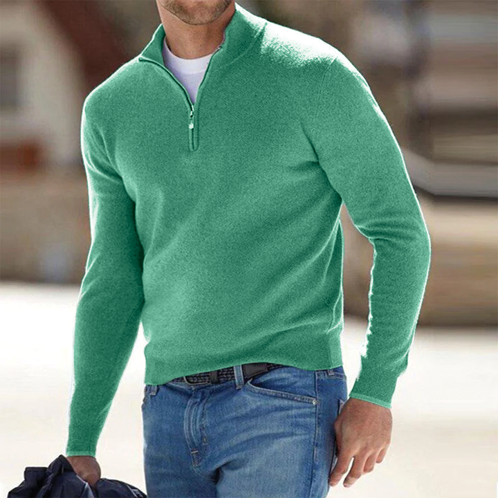 Men's gray wool half-zip sweater with mock neck, ribbed finish, and streamlined modern fit by Wavlynn