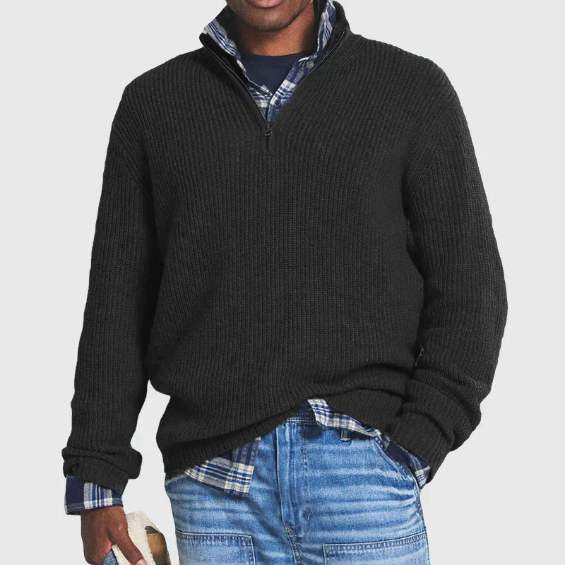 Men's ribbed knit half-zip sweater in neutral tone, slim-fit layering style with vertical texture