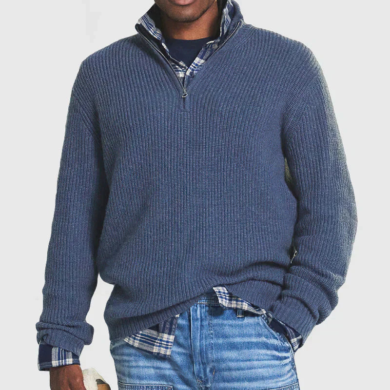 Men's ribbed knit half-zip sweater in neutral tone, slim-fit layering style with vertical texture