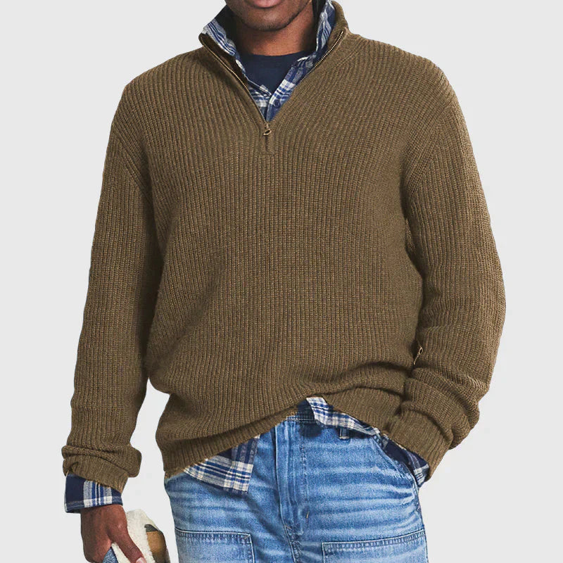 Men's ribbed knit half-zip sweater versatile layering piece with vertical texture for smart-casual style