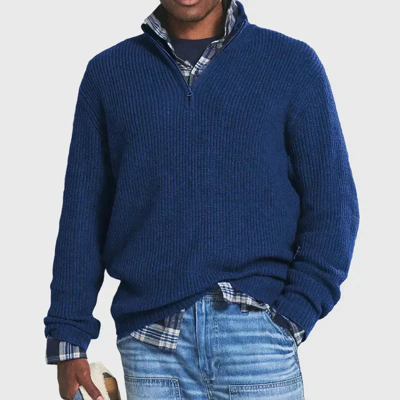 Men's ribbed knit half-zip sweater by Wavlynn in versatile smart-casual style with vertical texture