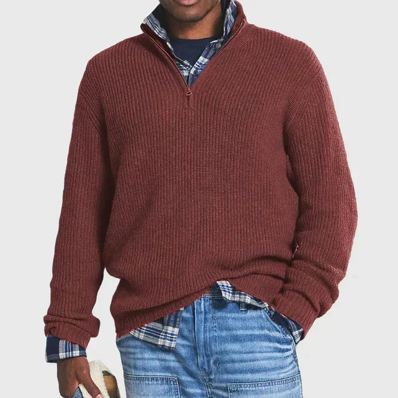 Men's ribbed knit half-zip sweater in neutral tone, slim modern cut with vertical texture detail