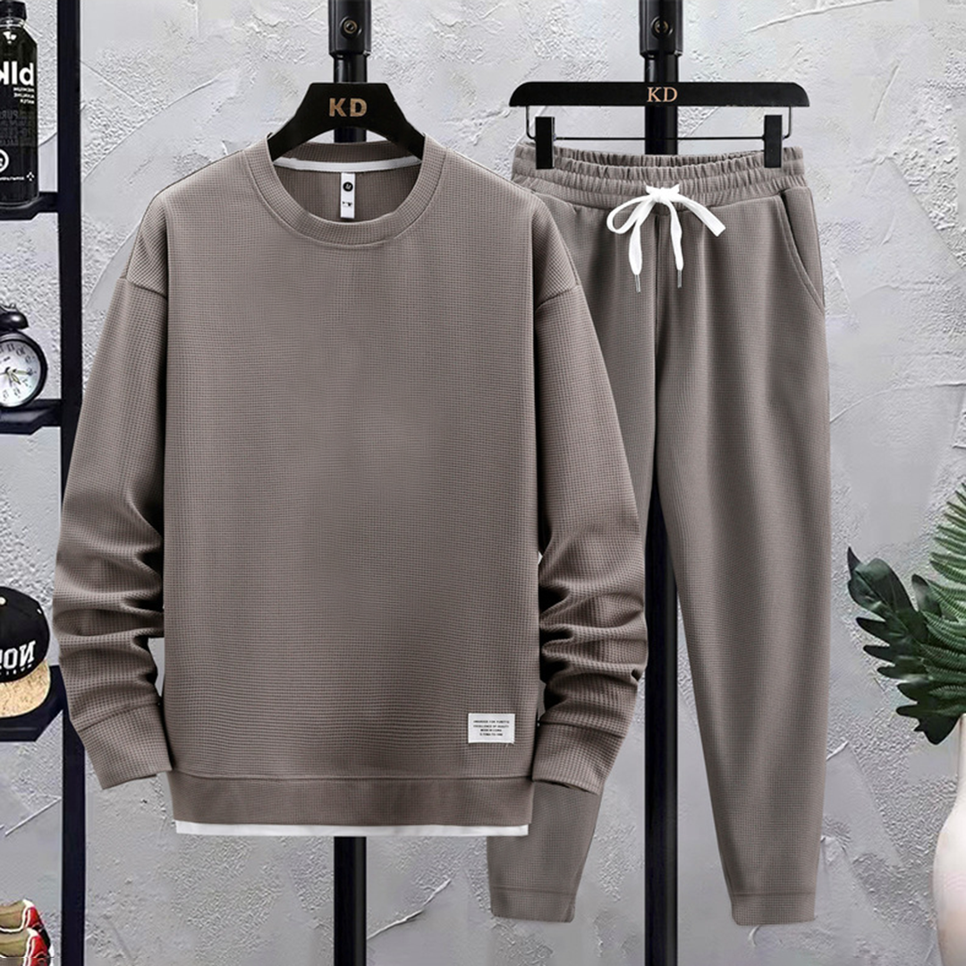 Men's gray crew neck sweatshirt ribbed edges soft cotton blend knit everyday casual wear