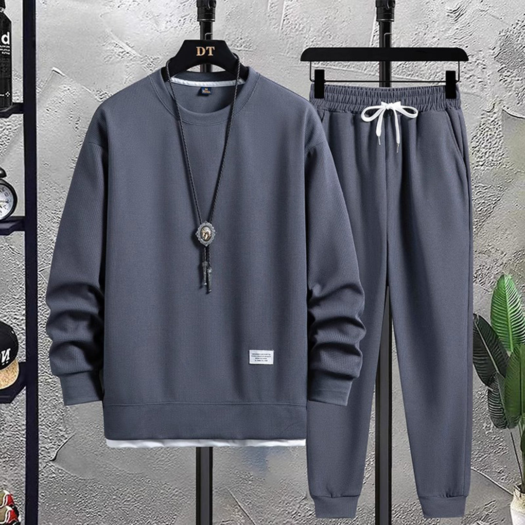 Men's gray crew neck sweatshirt ribbed edge soft cotton blend knit casual everyday essential