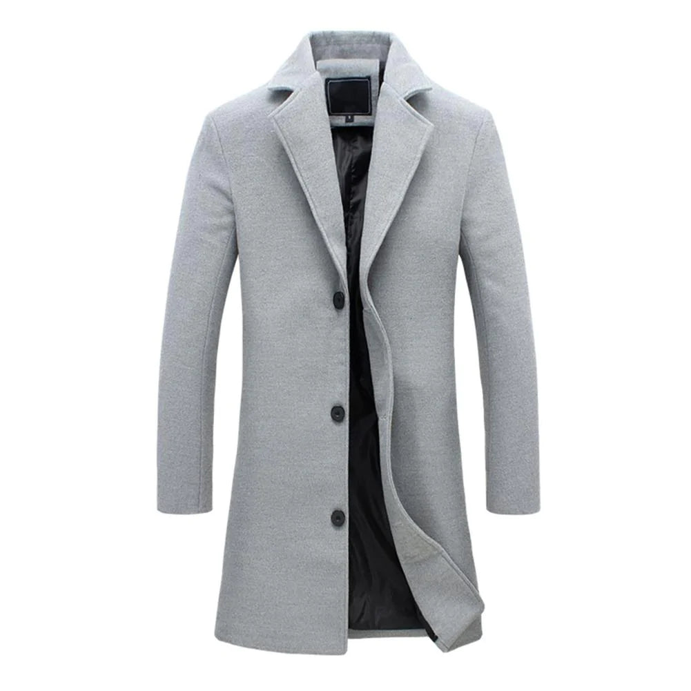 Men's camel wool blend knee-length overcoat with notched lapel, classic tailored silhouette