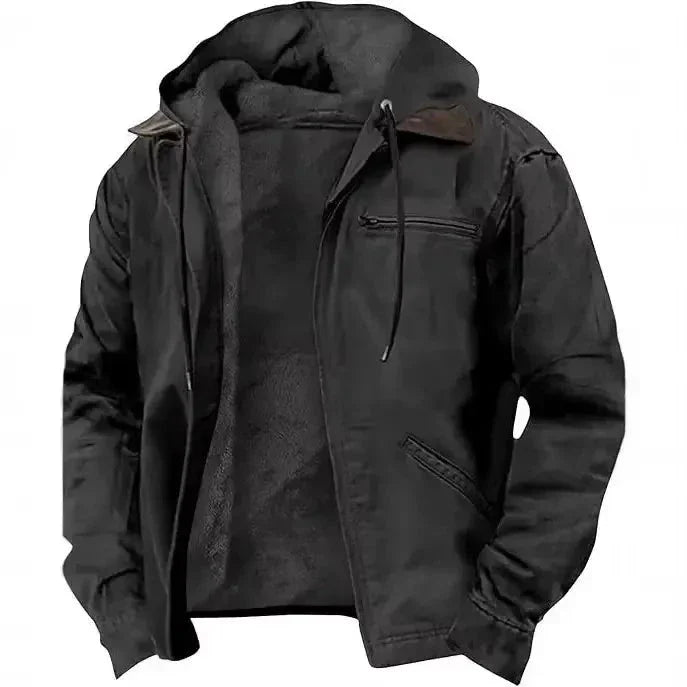 Men's thick hooded winter jacket with plush fleece lining, heavy-duty zipper, and practical pockets