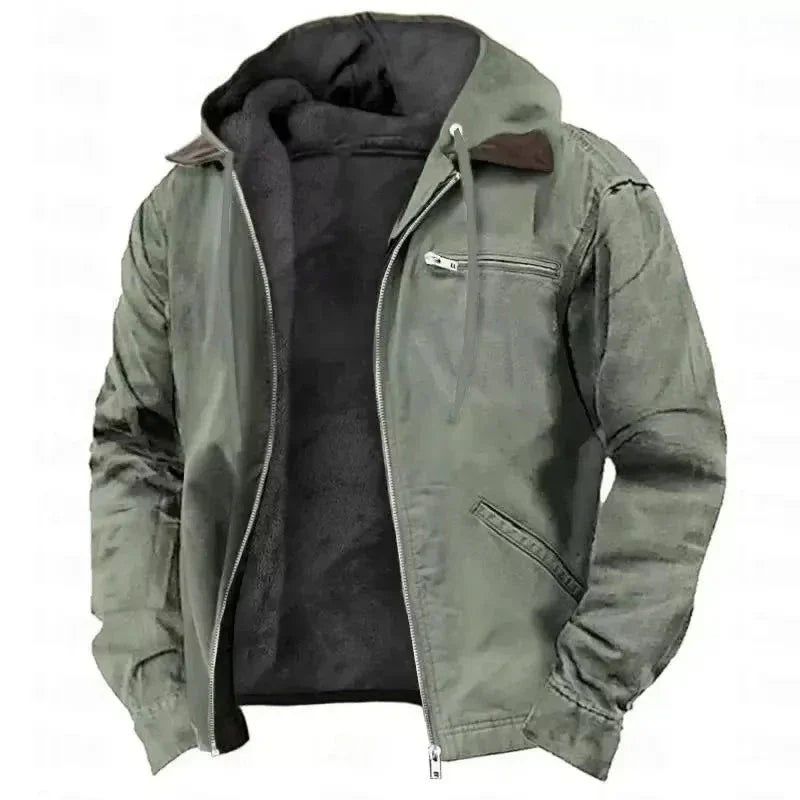 Men's thick hooded winter jacket with plush fleece lining, heavy-duty zipper, and practical pockets
