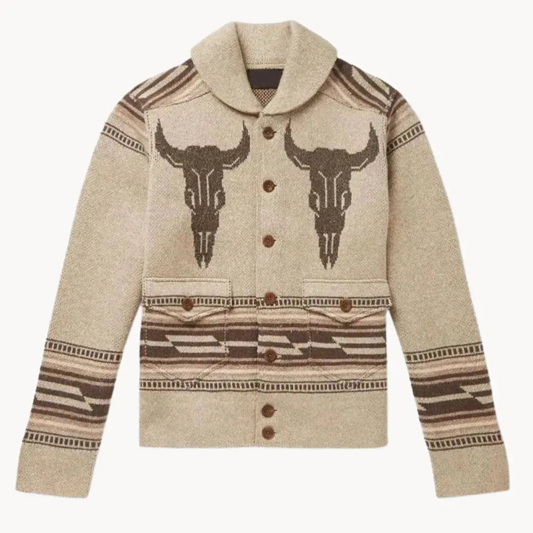 Oatmeal wool blend cardigan with bold Western longhorn skull pattern and geometric frontier design