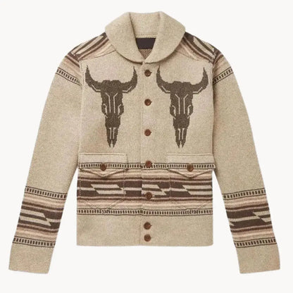 Oatmeal wool blend cardigan with bold Western longhorn skull pattern and geometric frontier design