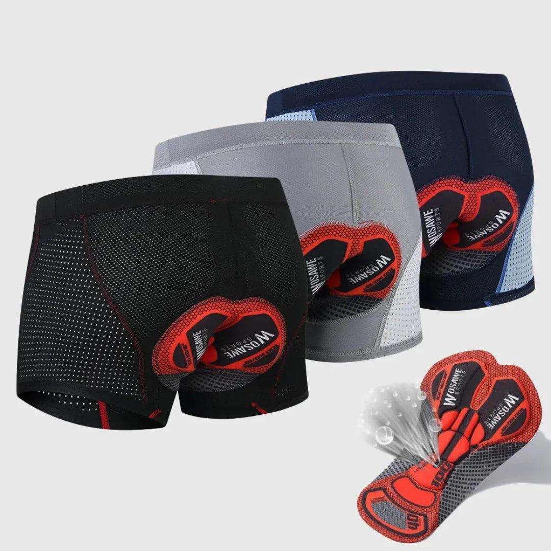 Men's black breathable cycling shorts with 3D gel padding, anti-chafe mesh panels, and slim athletic fit