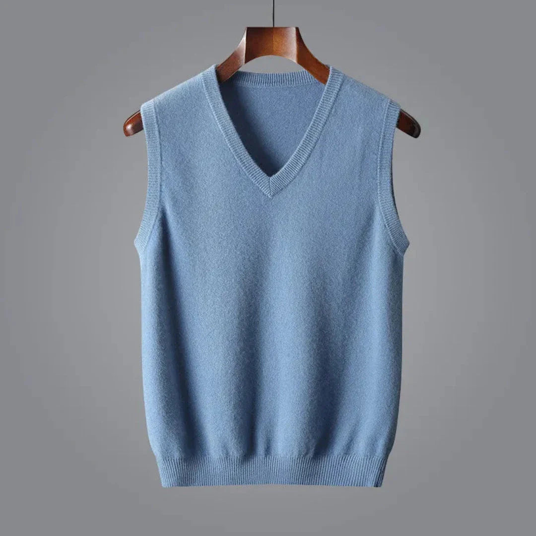 Jaxon camel cashmere blend sleeveless V-neck vest with ribbed trim for polished layering
