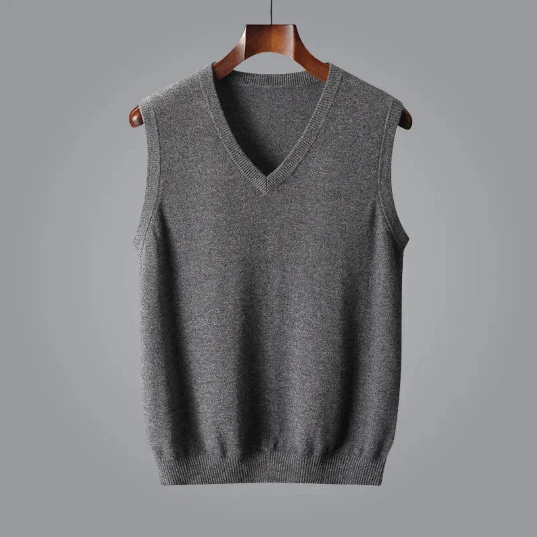 Jaxon camel cashmere V-neck sleeveless vest with ribbed trim, classic slim-fit layering piece