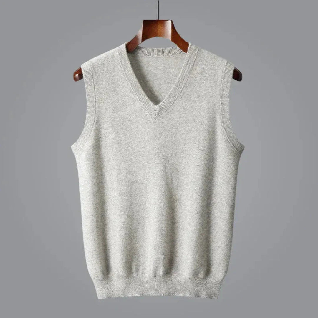 Jaxon gray cashmere V-neck sleeveless pullover vest with ribbed trim, timeless layering essential