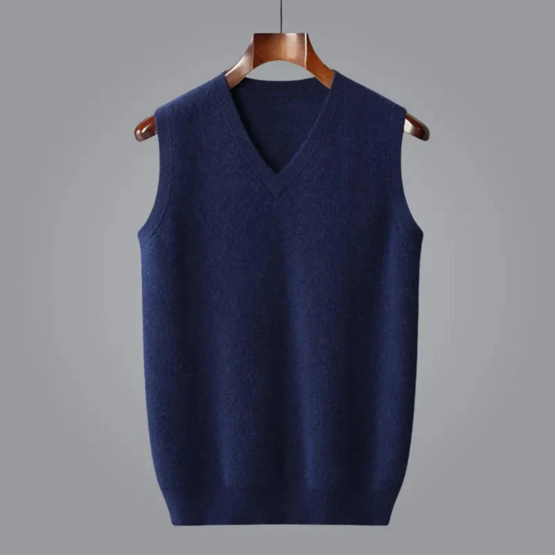 Jaxon camel cashmere sleeveless V-neck vest with ribbed trim, classic layering style
