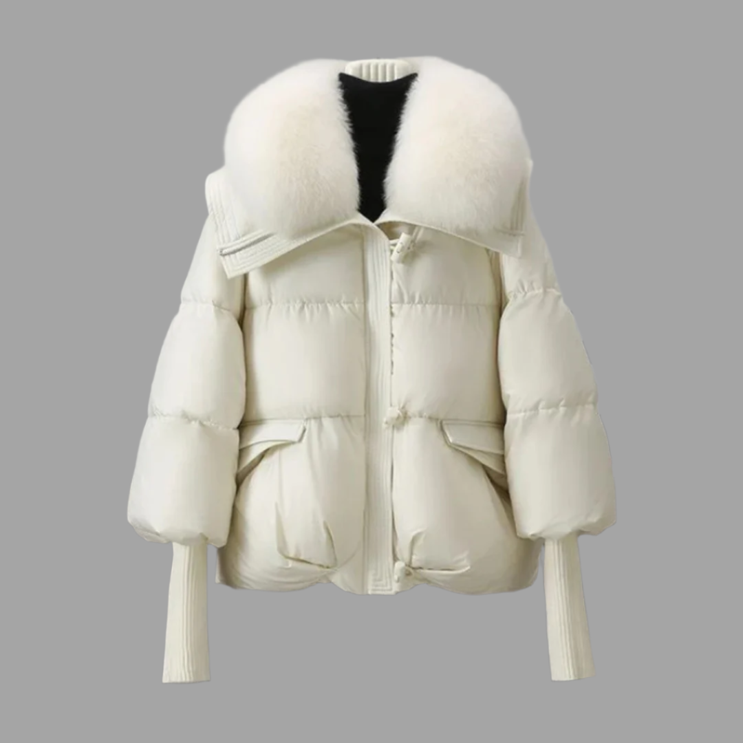 Black oversized puffer down jacket with faux-fur collar, cinched waist, and tapered cuffs