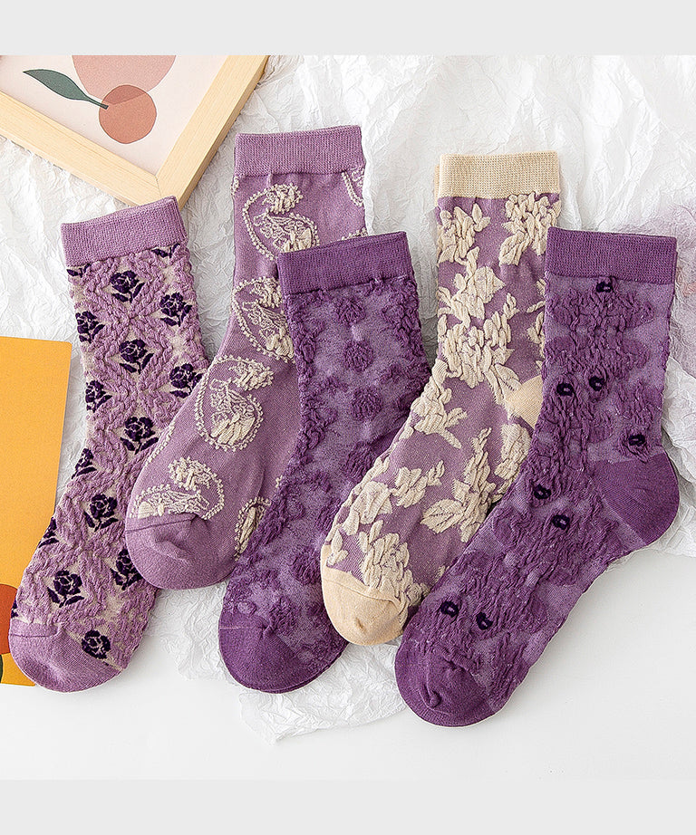 Chaussettes mi-mollet polyvalentes en jacquard violet de style japonais pour l'automne - Wavlynn