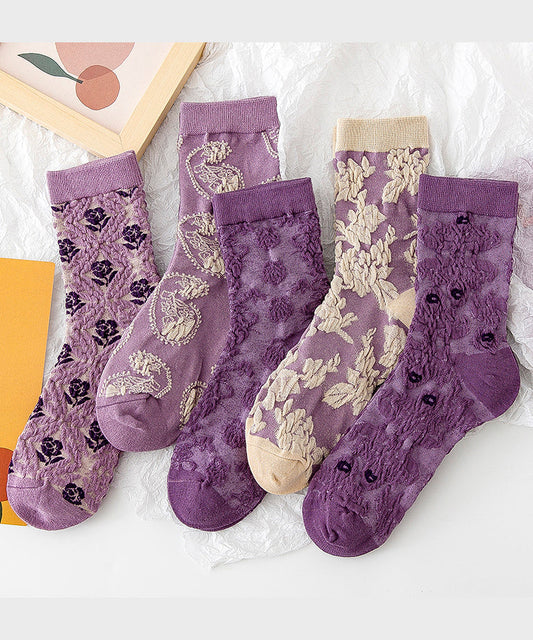 Chaussettes mi-mollet polyvalentes en jacquard violet de style japonais pour l'automne - Wavlynn
