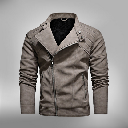 Men's black faux leather slim fit jacket with stand collar and quilted shoulder detailing
