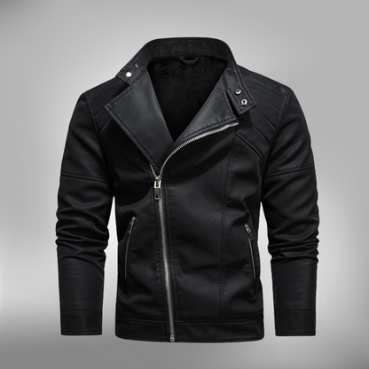 Men's black faux leather slim fit jacket with stand collar and quilted shoulder detailing
