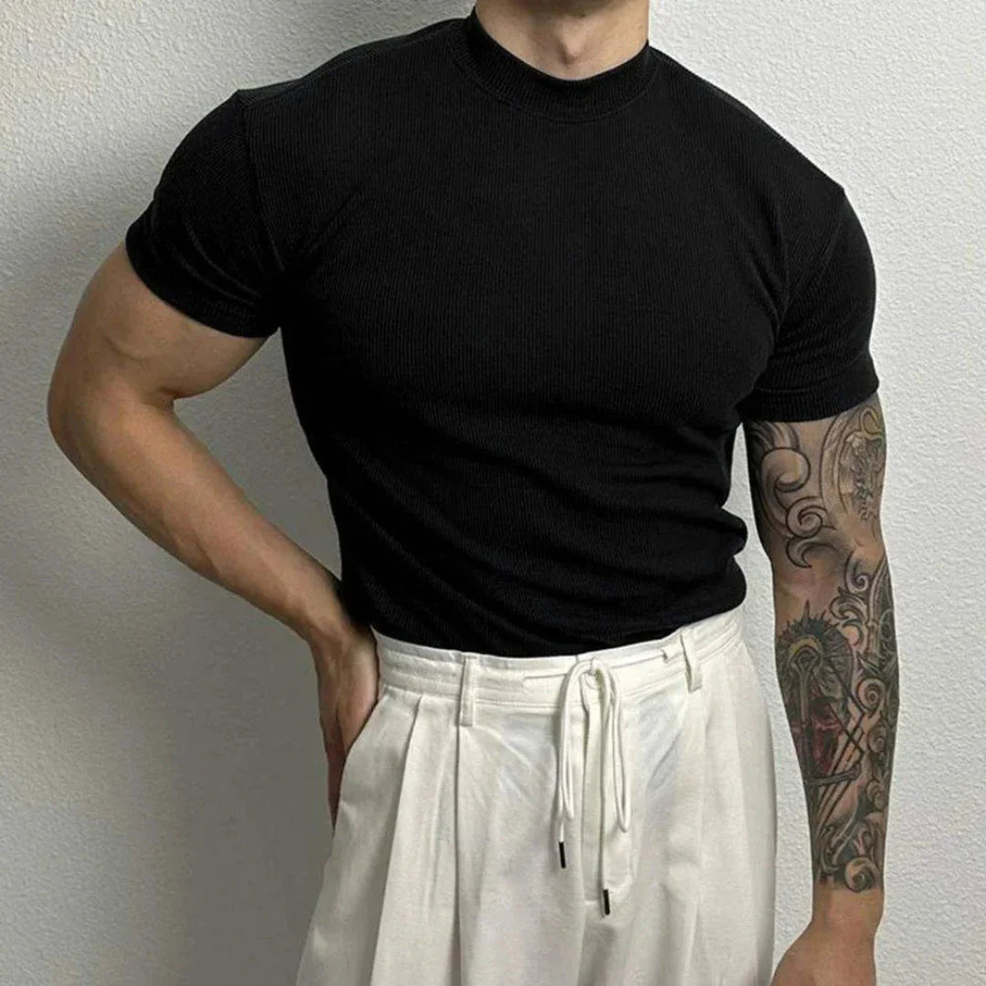 Men's ribbed mock neck fitted T-shirt in cotton spandex blend, short sleeve close-cut textured top
