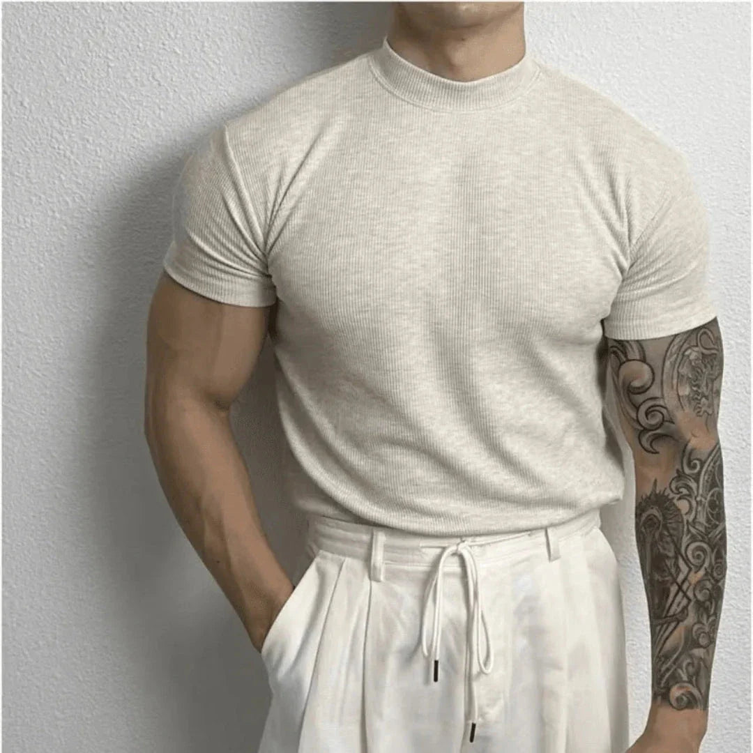 Men's ribbed mock neck fitted short sleeve tee in cotton spandex blend with stretch texture