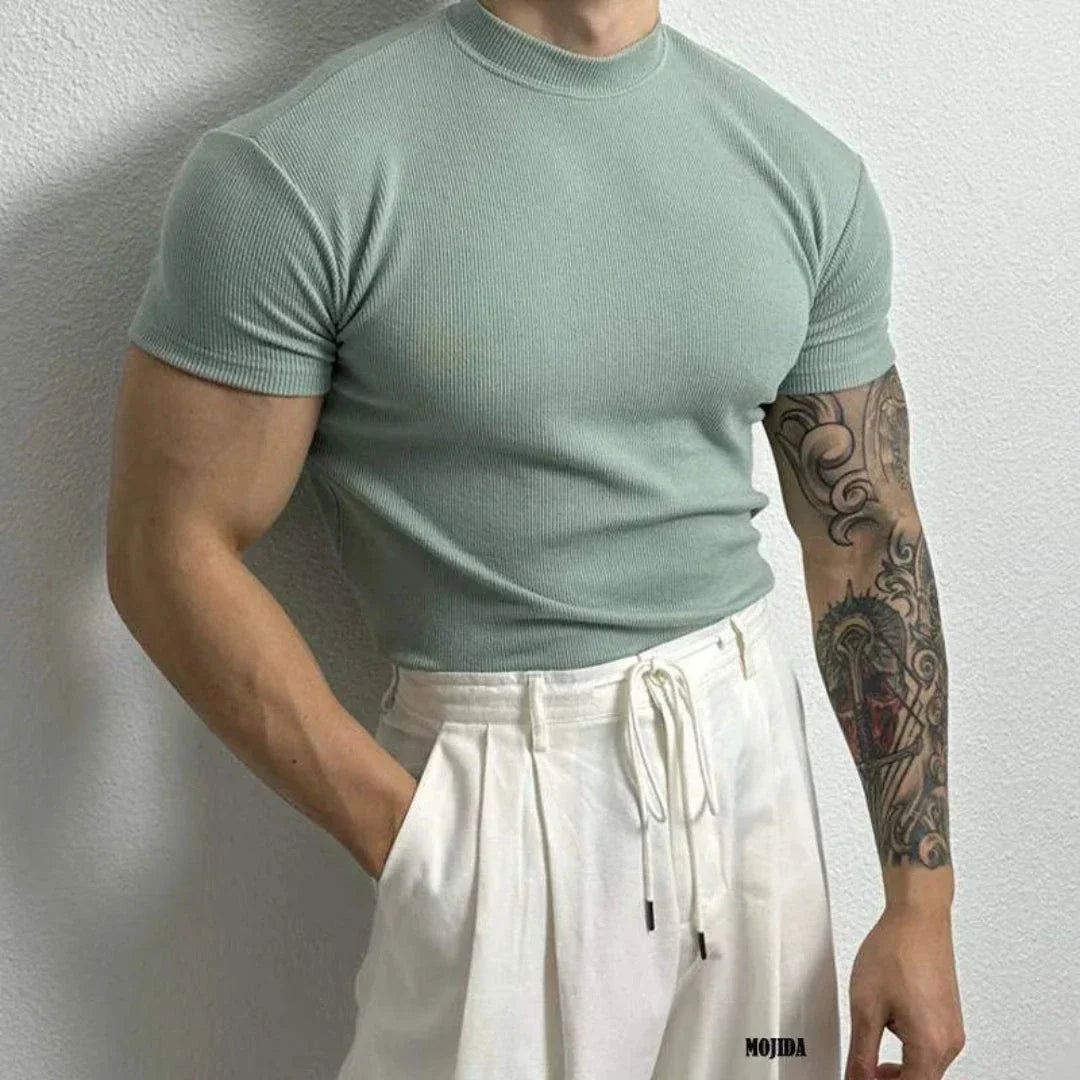 Men's ribbed mock neck fitted short sleeve tee in cotton-spandex stretch knit fabric