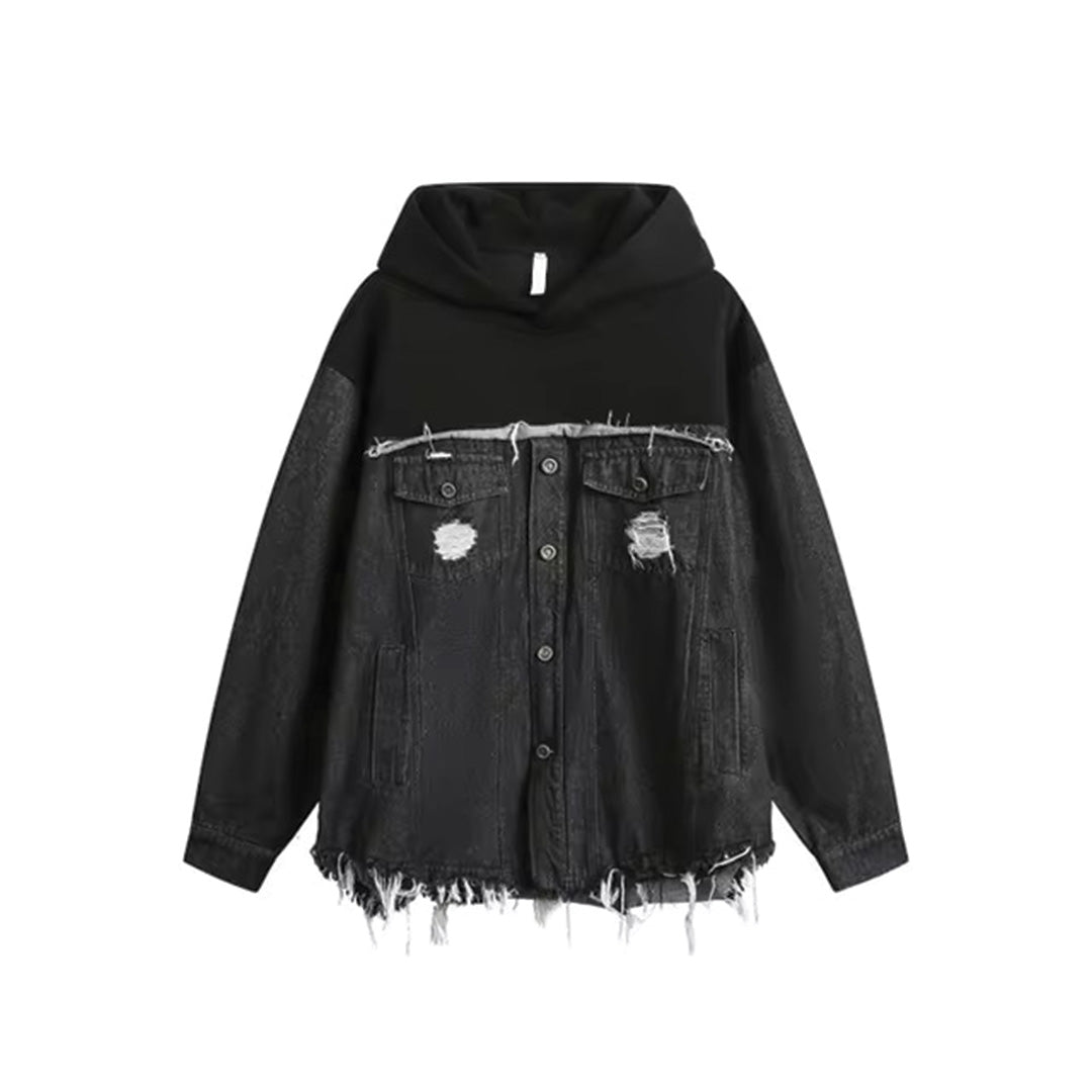 Fremen distressed denim pullover hoodie relaxed fit with button closure in casual rugged style