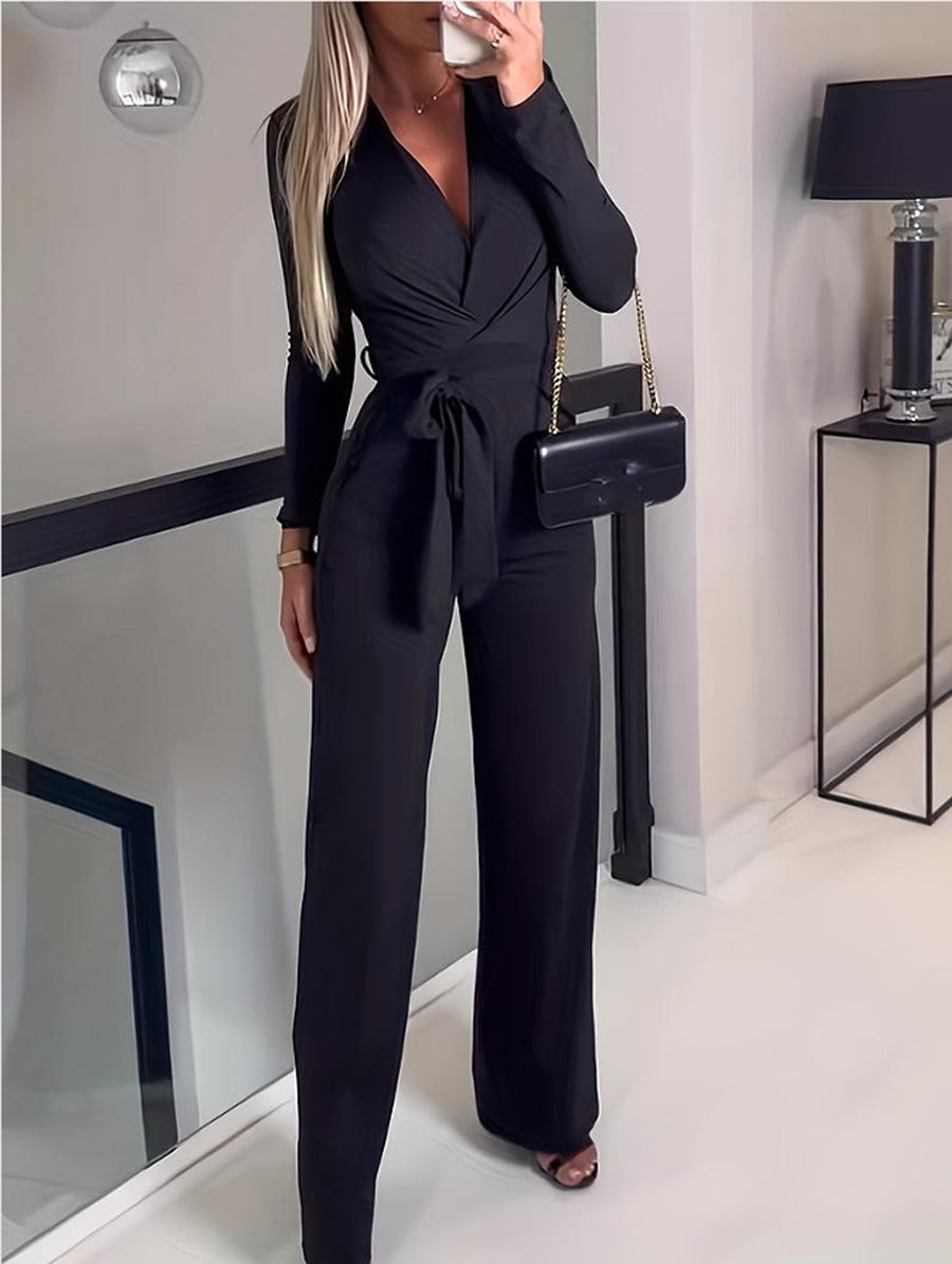 Women's wide leg jumpsuit V-neck tie waist flowing silhouette polished one-piece effortless style