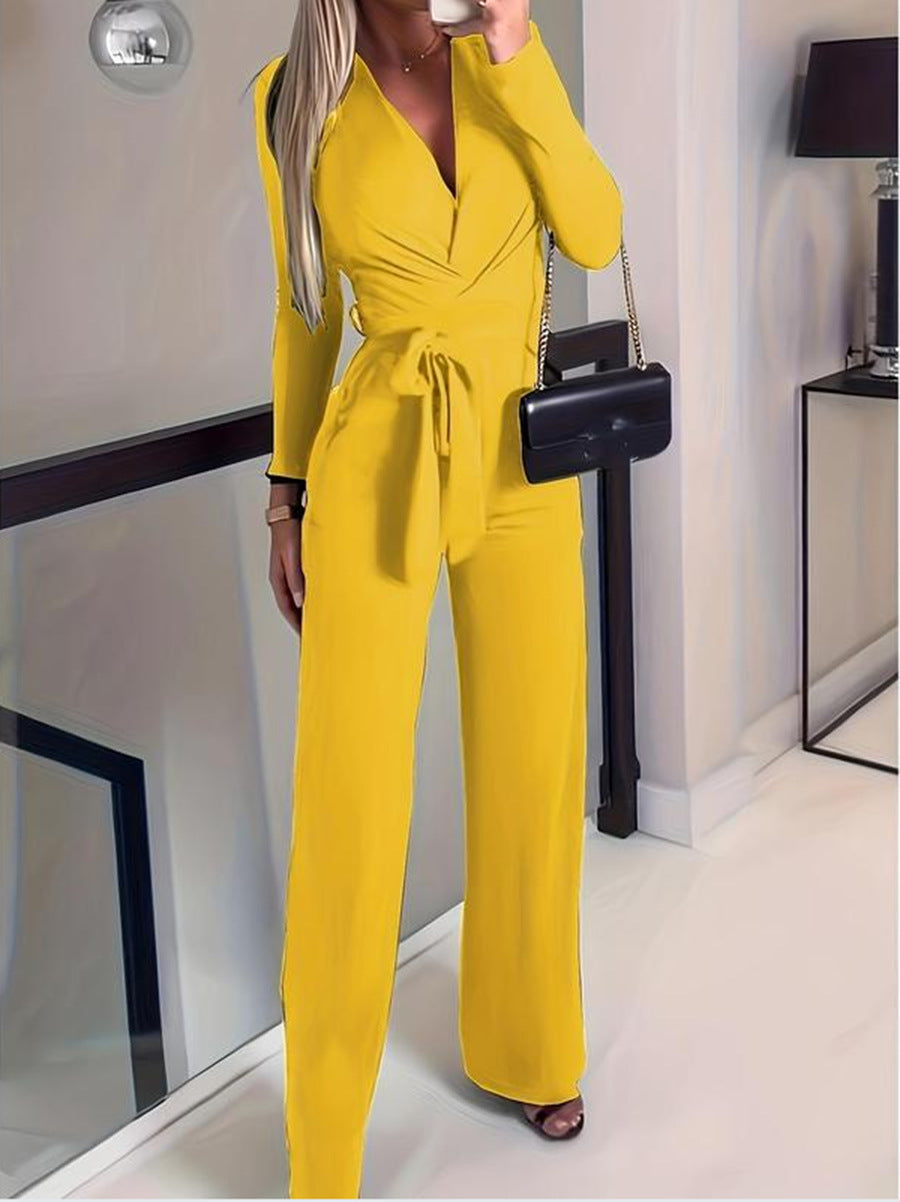 Women's wide leg jumpsuit V-neck tie waist flowing silhouette versatile one-piece elegant style