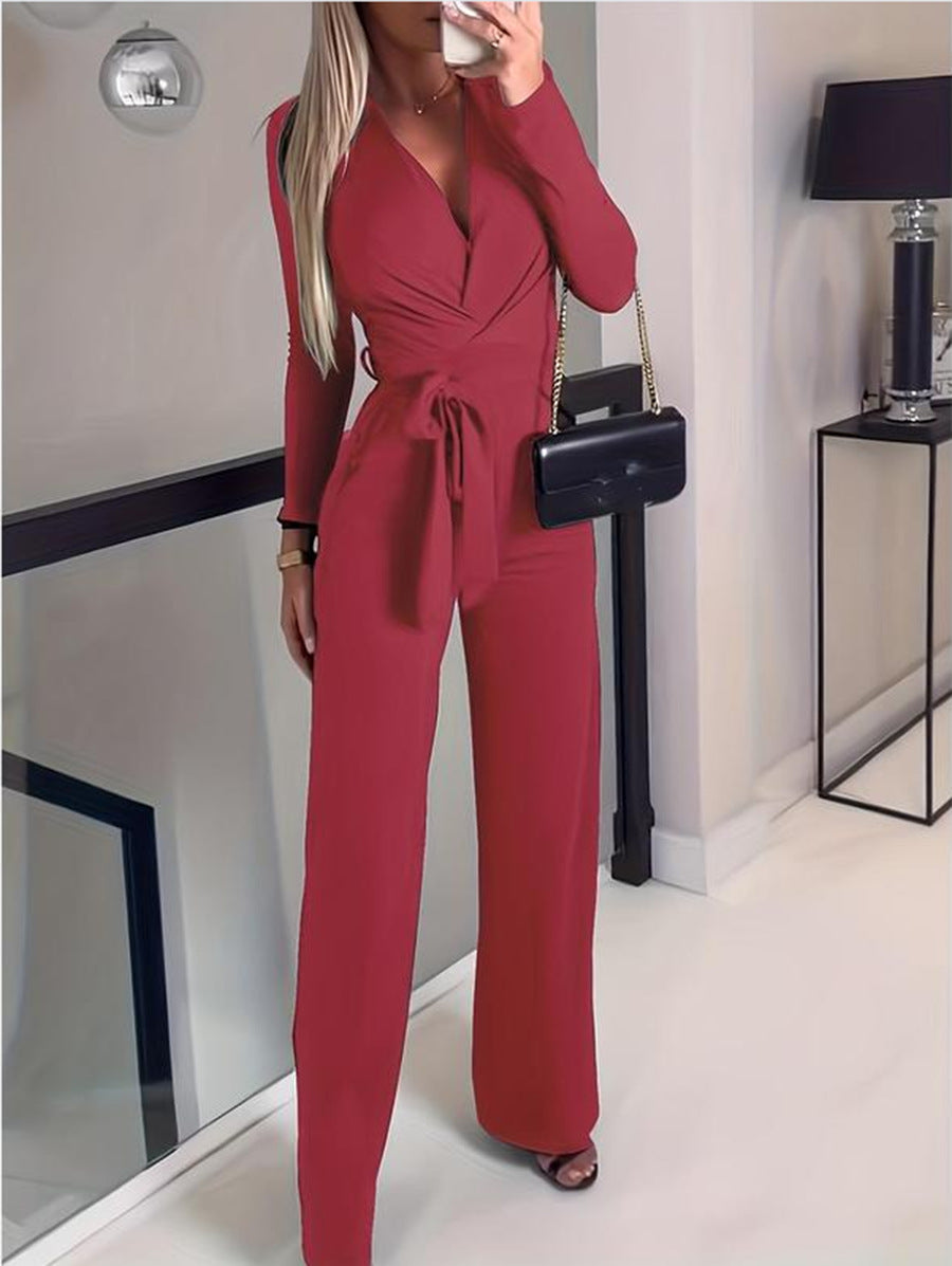 Women's wide leg jumpsuit V-neck tie waist flowing silhouette elegant one-piece versatile style