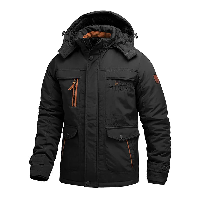 Men's windproof insulated hooded winter jacket by Wavlynn with multiple utility pockets for active men