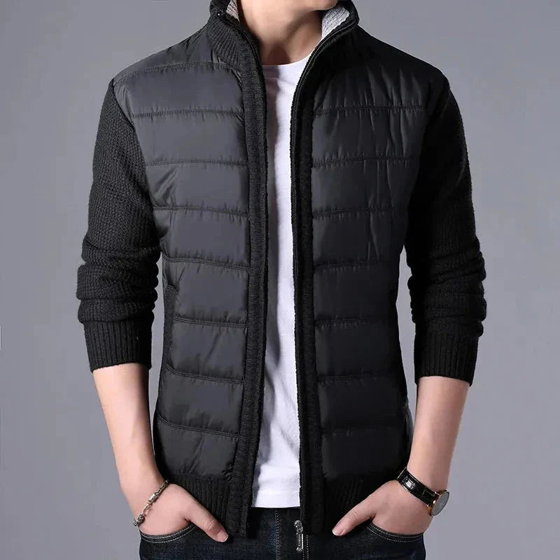 Jim patchwork puffer cardigan with quilted front panel, knitted sleeves, slim-fit cut for men