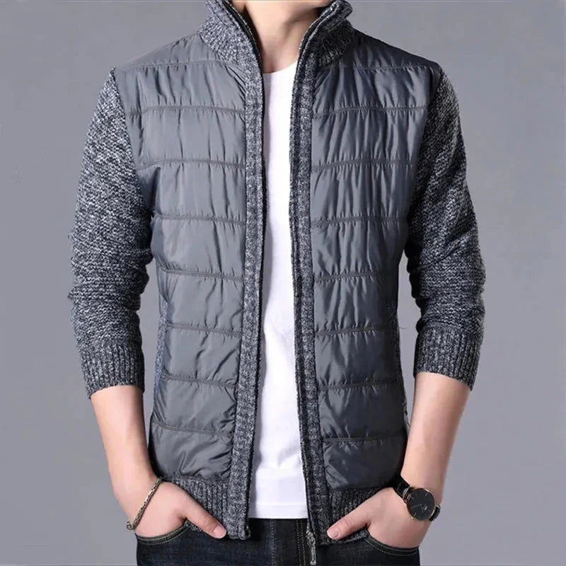 Jim patchwork puffer cardigan with quilted front panel, knitted sleeves, and slim-fit cut