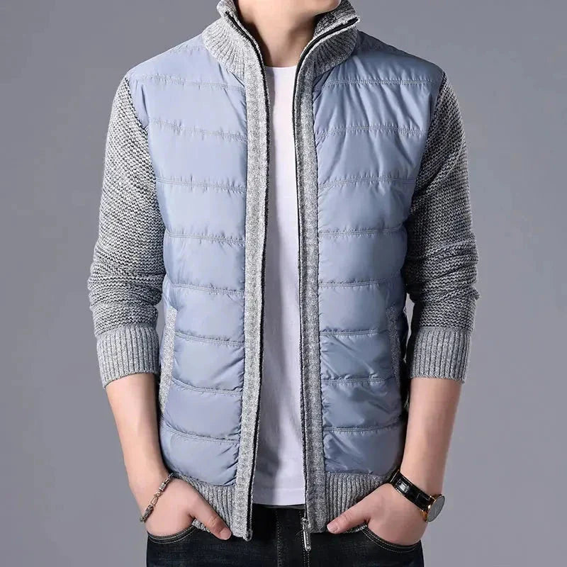Jim patchwork puffer cardigan with quilted front panel, knitted sleeves, slim-fit cut for men