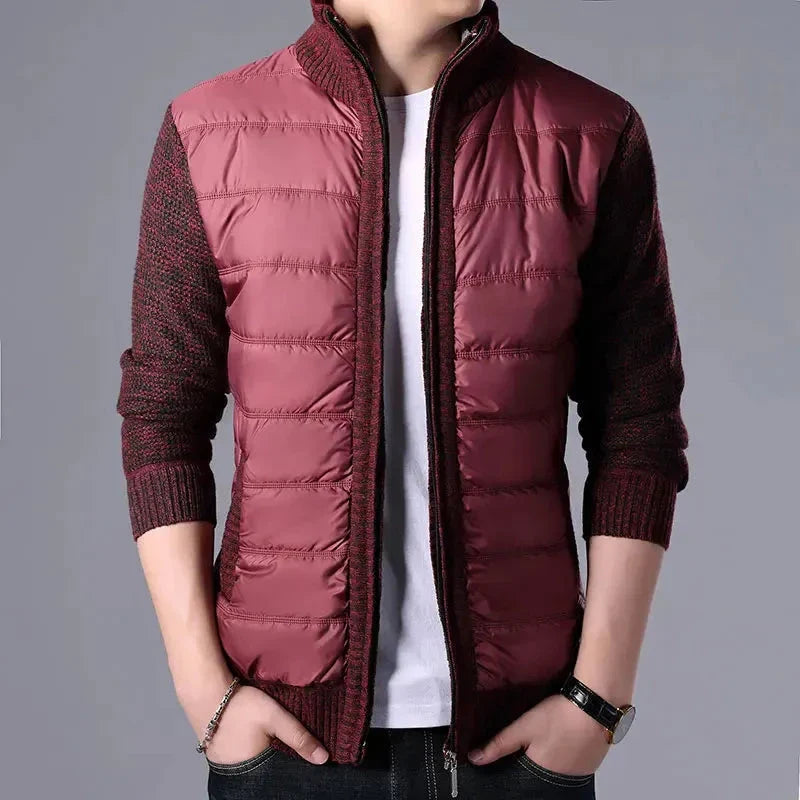 Jim patchwork puffer cardigan with quilted front panel, knitted sleeves, slim-fit cut for men