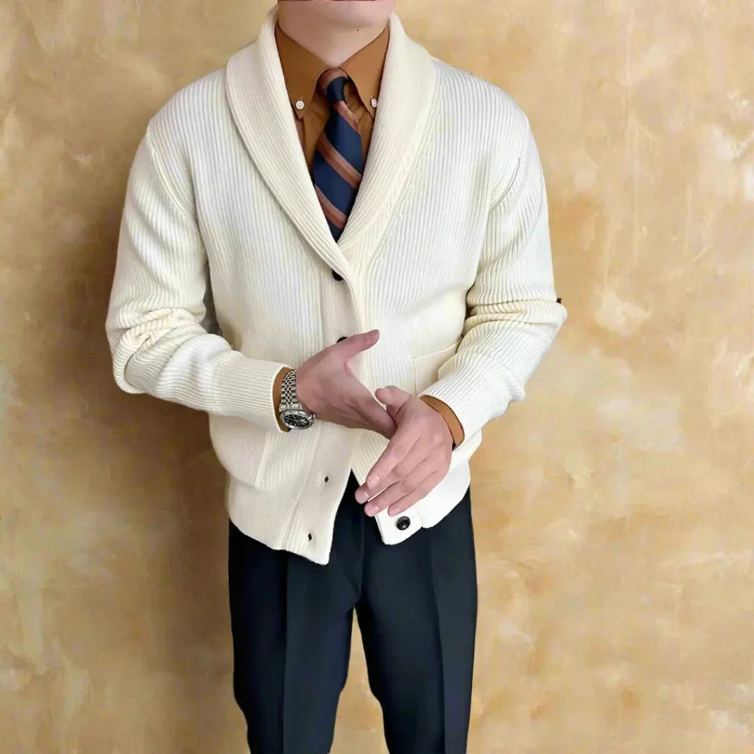 Juliano ribbed knit shawl collar cardigan with button front closure and front patch pockets