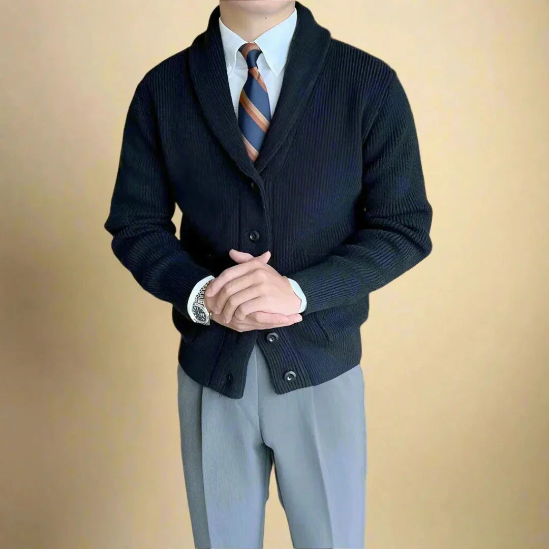 Juliano ribbed knit shawl collar cardigan with button front closure and front patch pockets
